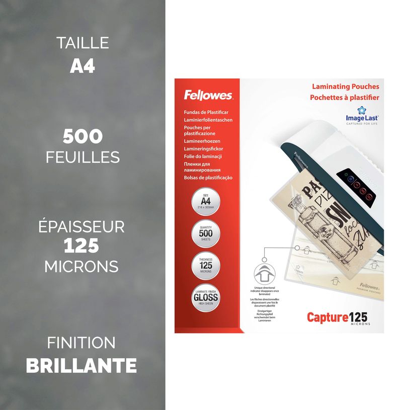 10043859814906-Fellowes - 500 pochettes de plastification A4 (216 x 303 mm) - 125 microns - brillantes--1
