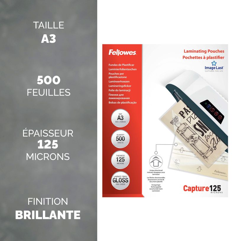 10043859814913-Fellowes - 500 pochettes de plastification A3 (303 x 426 mm) - 125 microns - brillantes--1
