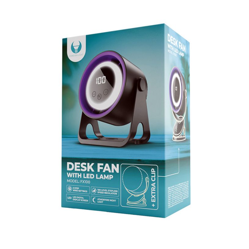 5907674512431-Forever - Ventilateur de bureau avec led - 5 vitesses - 1800 mAh - Support - noir--2