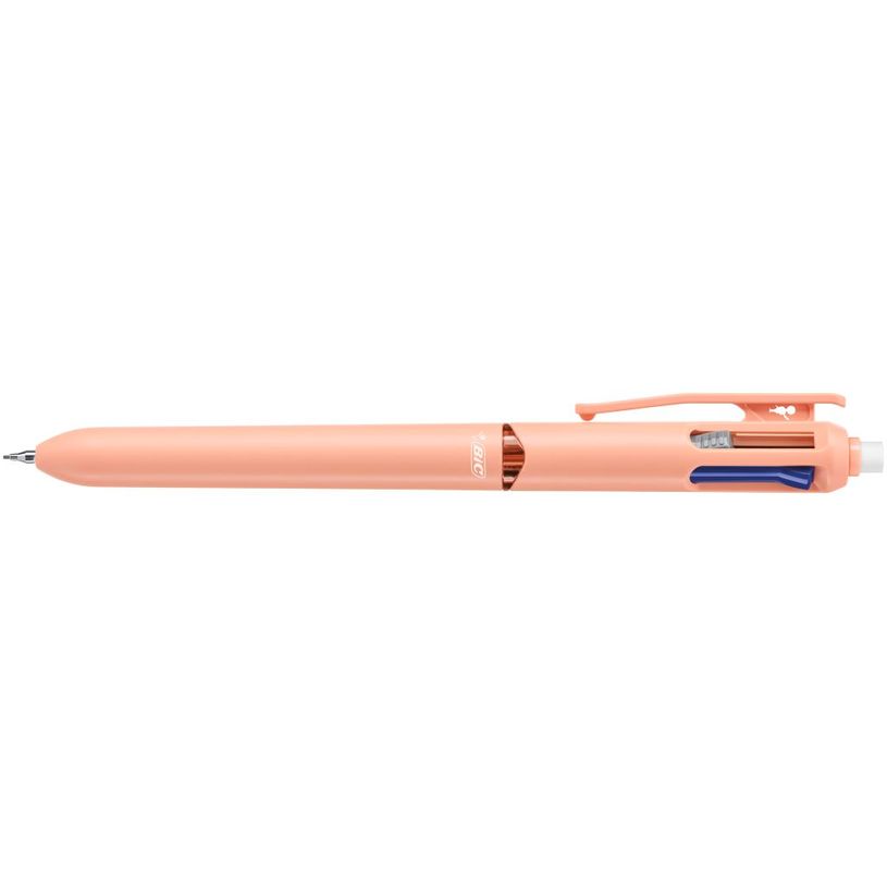 -BIC - Stylo Bille 4 Couleurs 3+1 HB - Pointe Moyenne 1 mm - Encres Bleu, Noir et Rouge - Mine HB 0,7 mm - Corail et --0