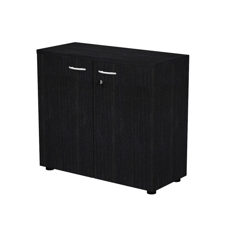 -Bibliothèque basse Trend - L80xP35xH72 cm - 2 portes en mélaminé - portes et panneaux imitation frêne noir--0