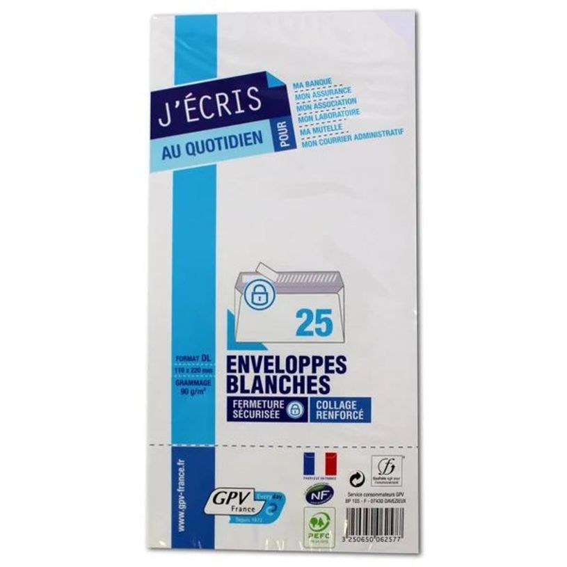 3250650062577-GPV - 25 enveloppes blanches - DL 110x220 mm - 90g/m² - blanc - bande adhésive--0