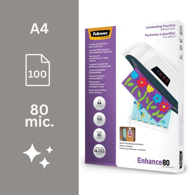 0000000530224-Fellowes - 100 pochettes de plastification A4 (216 x 303 mm) - 80 microns - brillantes dos adhésif--1