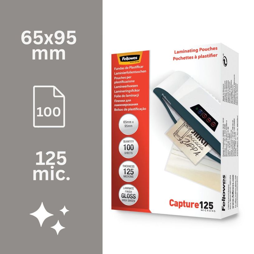 0400000530673-Fellowes - 100 pochettes de plastification (65 x 95 mm) - 125 microns - brillantes --1