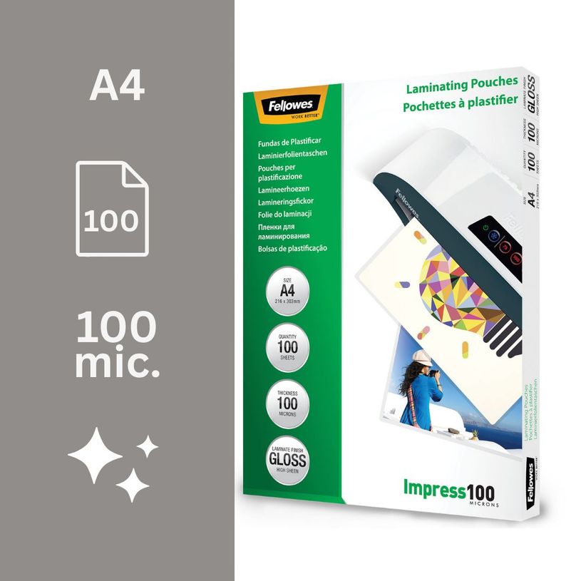 0077511535116-Fellowes - 100 pochettes de plastification A4 (216 x 303 mm) - 100 microns - brillantes --1