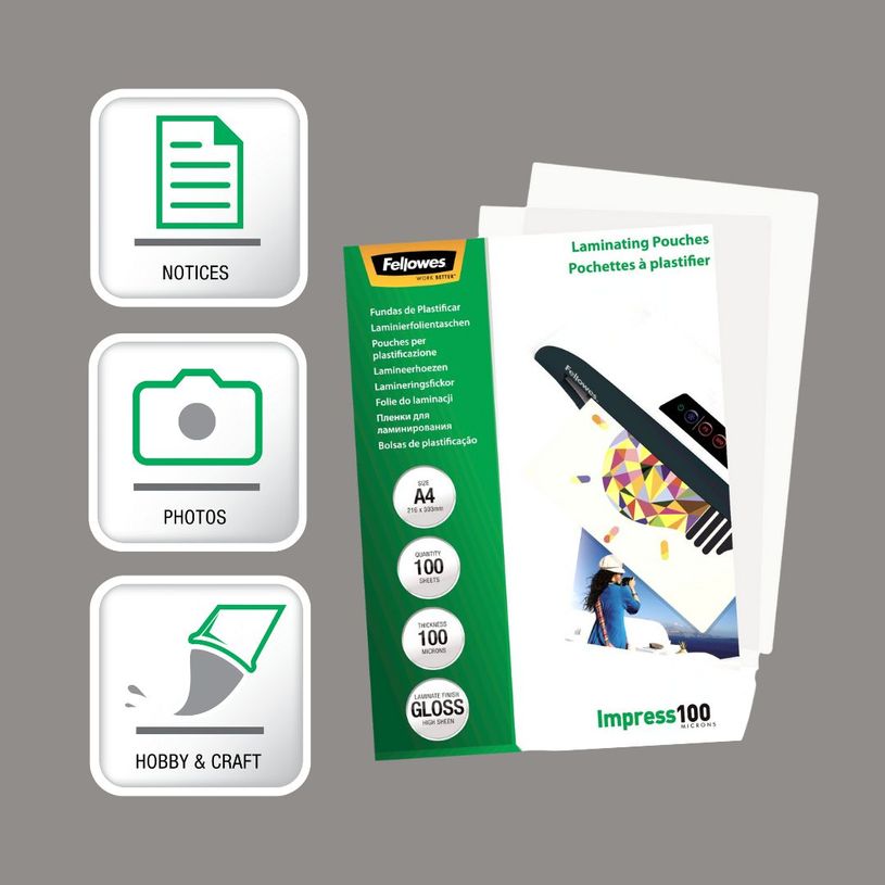 0077511535116-Fellowes - 100 pochettes de plastification A4 (216 x 303 mm) - 100 microns - brillantes --3