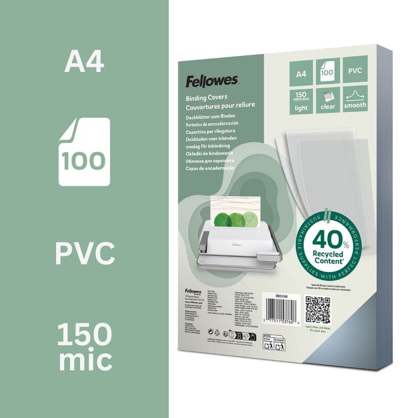 0077511537608-Fellowes - 100 couvertures à reliure A4 (21 x 29,7 cm) - plastique 150 microns - transparent--1