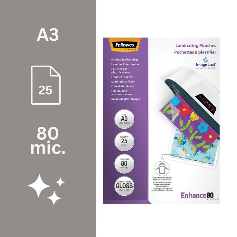 077511539640-Fellowes - 25 pochettes de plastification A3 (303 x 426 mm) - 80 microns - brillantes --1
