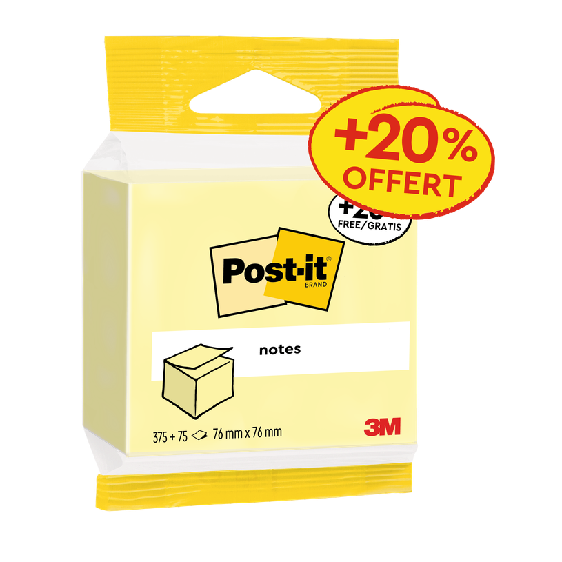 3134375454612-Post-it® Cube de Notes 76x76 mm – Jaune Canari – 450 dont 75 Feuilles Offertes – Papier 100% PEF--0