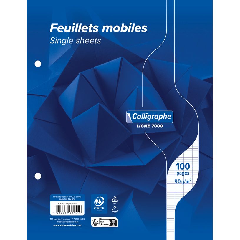 3210330007519-Calligraphe - Feuilles simples 17 x 22 cm - 100 pages - grands carreaux (Seyes) - perforées--0