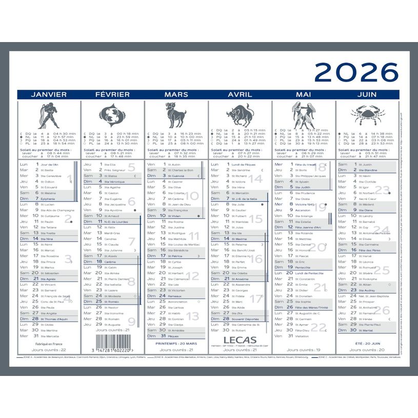 3147281602220-Calendrier LECAS - 2 Couleurs-  42x32 - 1 année sur 2 faces --0