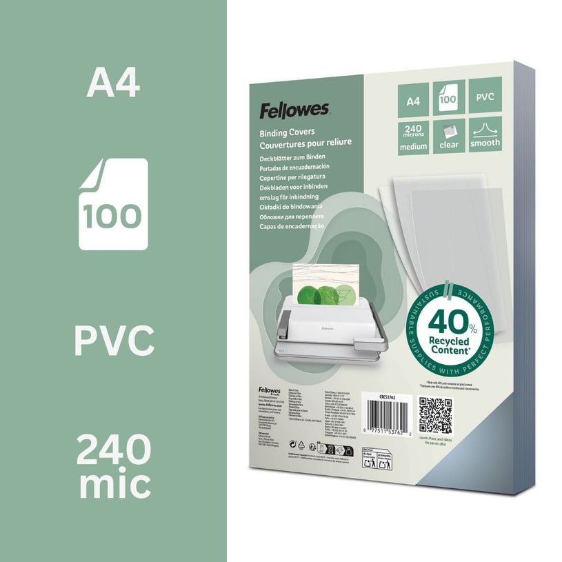 0077511537622-Fellowes - A4 (210 x 297 mm) - transparente - 240 g/m² - 100 uds. tapa de encuadernación de PVC - para Fellowes Galaxy 500, Galaxy Wire, Pulsar+ 300, Quasar+ 500, St--1
