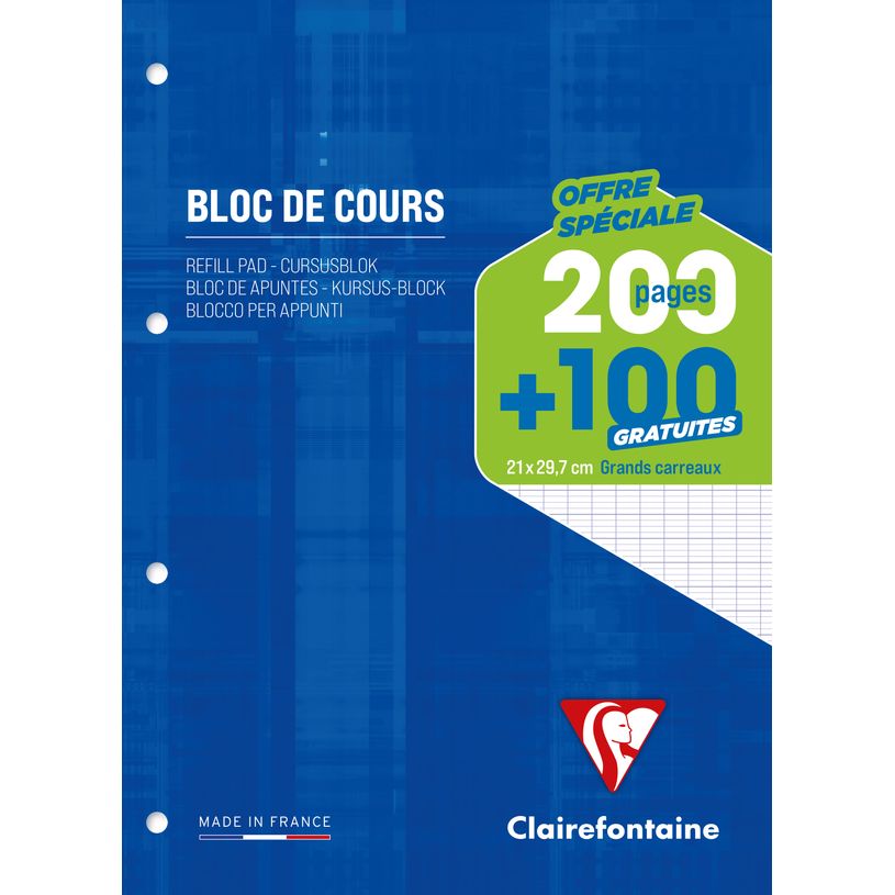 3329680658194-Clairefontaine - Bloc de cours - A4 - 300 pages - grands carreaux (Seyes) - perforé--0