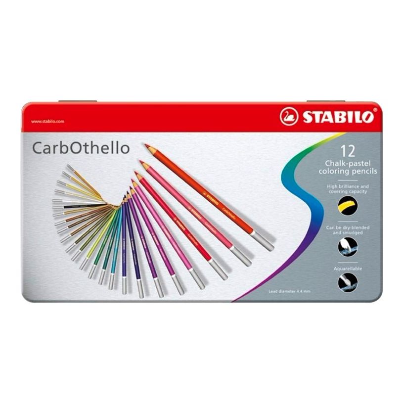4006381279574-STABILO CarbOthello - 12 Crayons de couleur aquarellables - Boîte métal - Couleur fusain -P_77032182_1-0