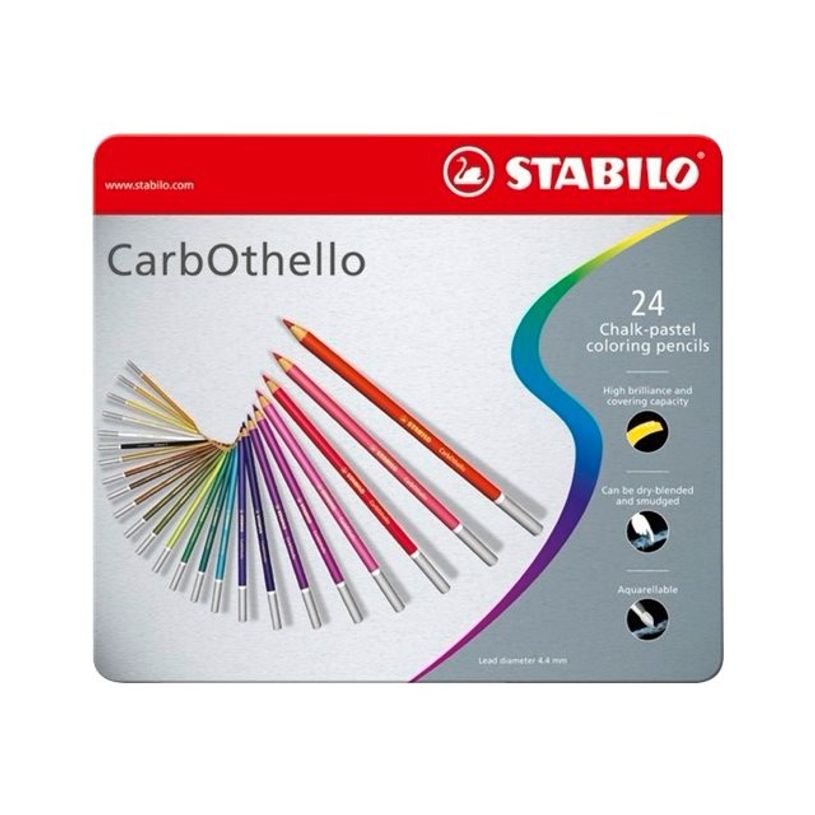 4006381279628-STABILO CarbOthello - 24 Crayons de couleur aquarellables - Boîte métal - Couleur fusain -P_77032183_1-0