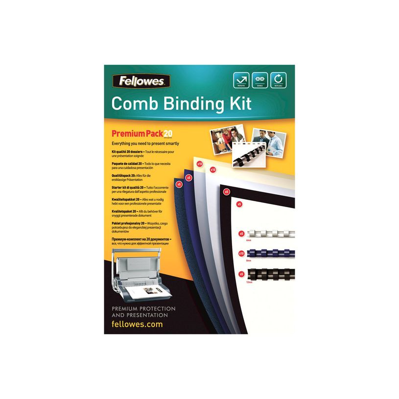 043859514731-Fellowes - kit de démarrage de reliure A4 (21 x 29,7 cm) - pour 20 dossiers avec anneaux plastique 6mm (x5), 8mm (x10), 12-P_79140707_1-0