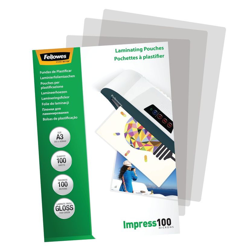 0400791407482-Fellowes - 100 pochettes de plastification A3 (303 x 426 mm) - 100 microns - brillantes -P_79140748_2-1