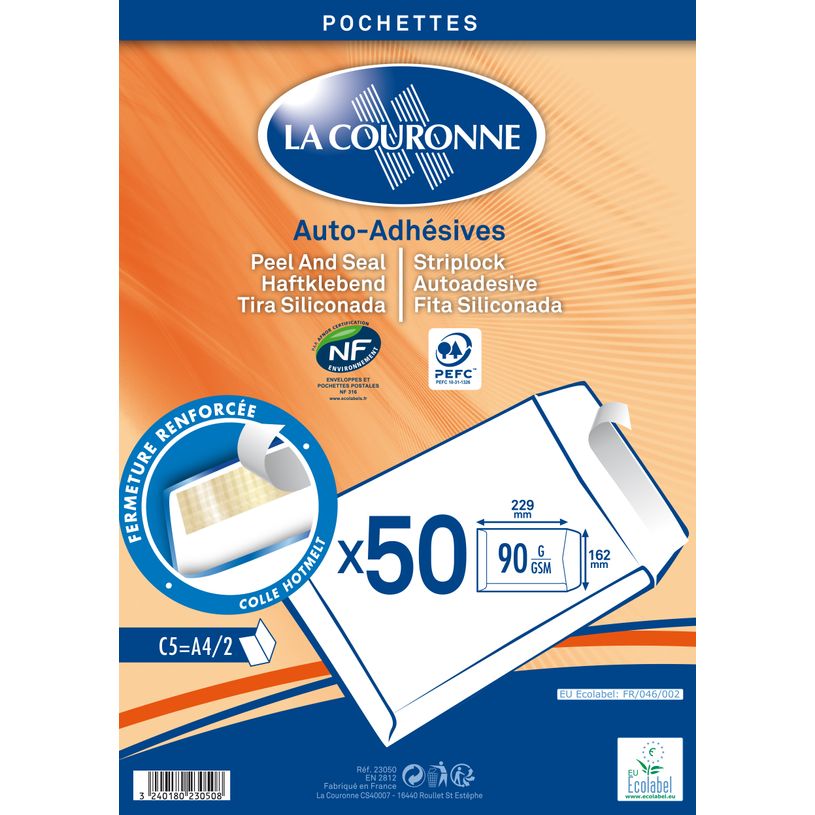 0400791420504-La Couronne - 50 Pochettes Enveloppes C5 162 x 229 mm - 90 gr - sans fenêtre - blanc - ban-P_79142050_1-0