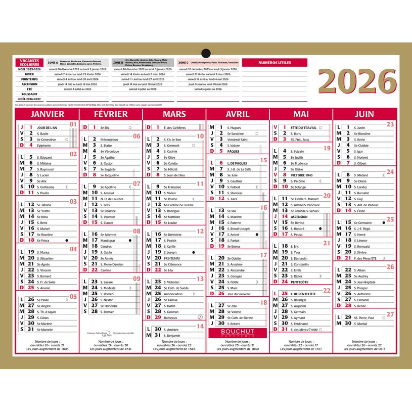 3592930026542-Calendrier bancaire année civile BOUCHUT "Lunor" 21 x 26,5 cm coloris or Pefc 70 %--0