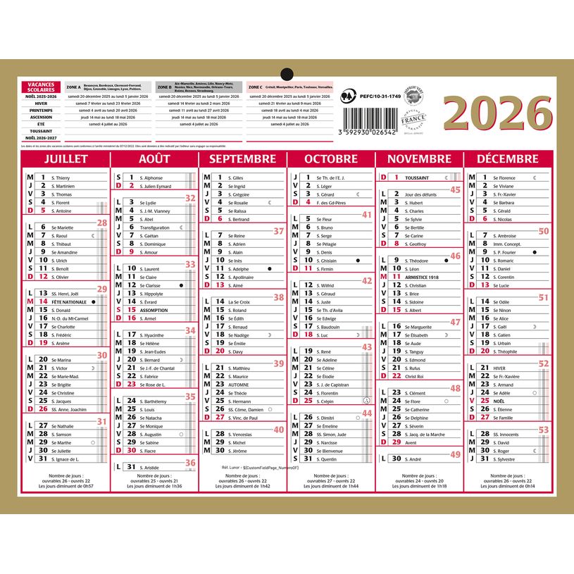 3592930026542-Calendrier bancaire année civile BOUCHUT "Lunor" 21 x 26,5 cm coloris or Pefc 70 %--1