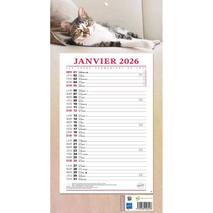 3592930026948-Calendrier bloc mensuel à feuillets année civile BOUCHUT "409 Animaux" 19 x 36 cm Pefc 70 %--0