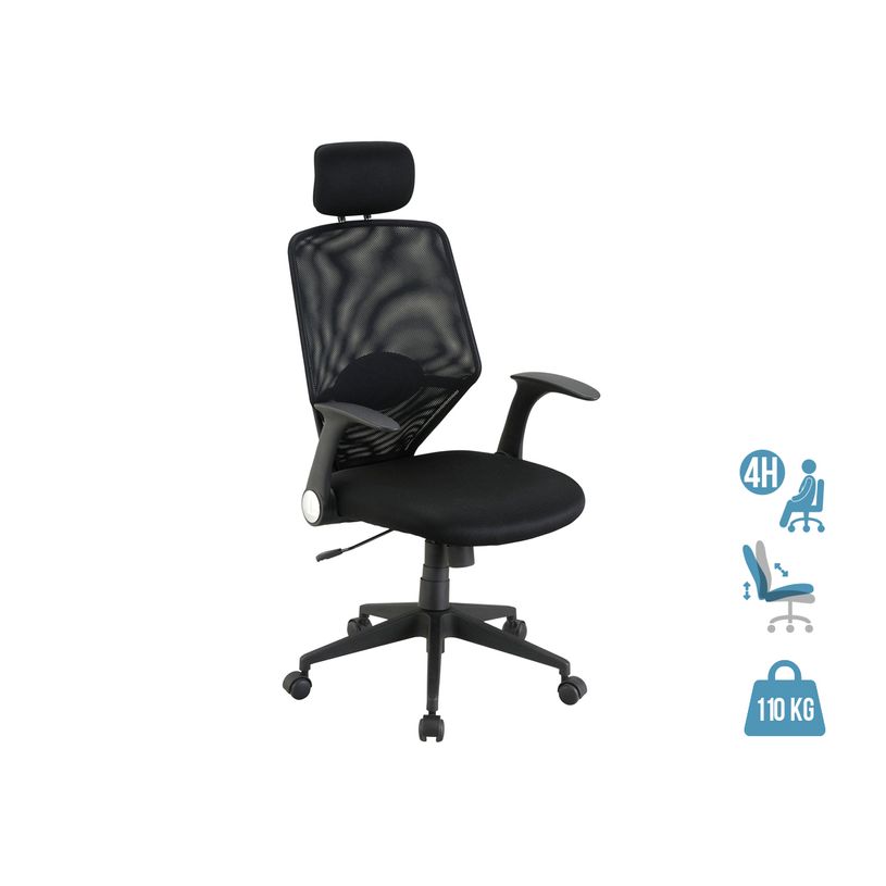 3397700053038-Fauteuil de bureau GALLEON - accoudoirs rabattables - appuie-tête réglable - noir-P_79150668_1-0
