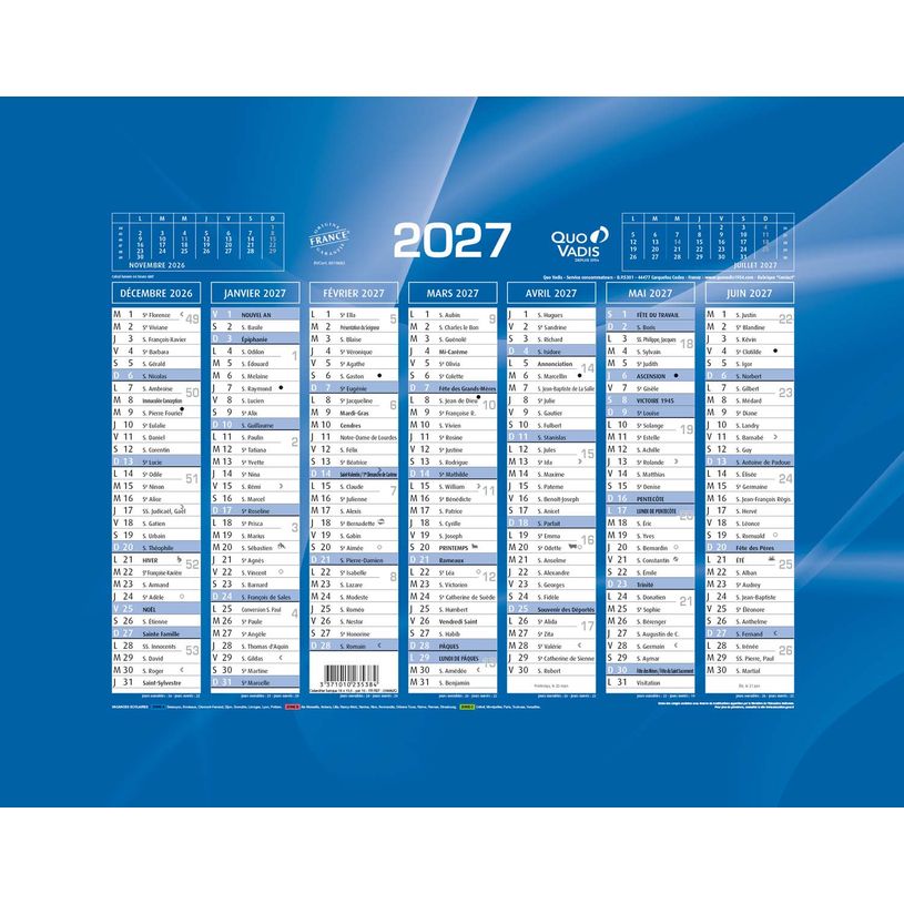 3371010235384-Quo Vadis - Calendrier mural - Français - Classic - Bleu - 14 mois de décembre à janvier - 18x13,5 cm - Papier Clairefontaine blanc - Fabri--0