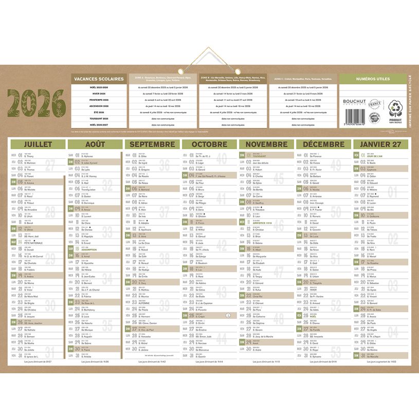 3592930026610-Calendrier bancaire année civile BOUCHUT "Natura" 40,5 x 55 cm coloris beige--1