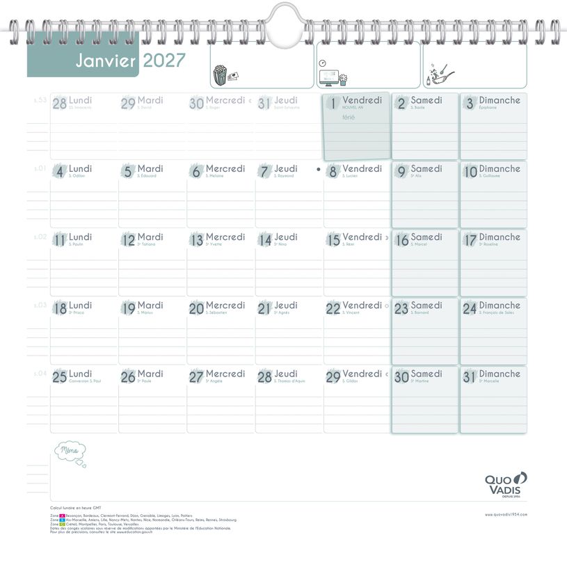 3371010289707-Quo Vadis - Calendrier familial à feuillets - Spiralé - 2026-2027 - Français - Family Planner - 16 mois de septembre à décembre - 30x30 cm - Papier Clairefontaine blanc - Fabri--2