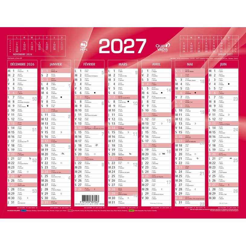 3371010307043-Quo Vadis - Calendrier mural - Français - Classic - Rouge - 14 mois de décembre à janvier - 27x21 cm - Papier Clairefontaine blanc - Fabri--0