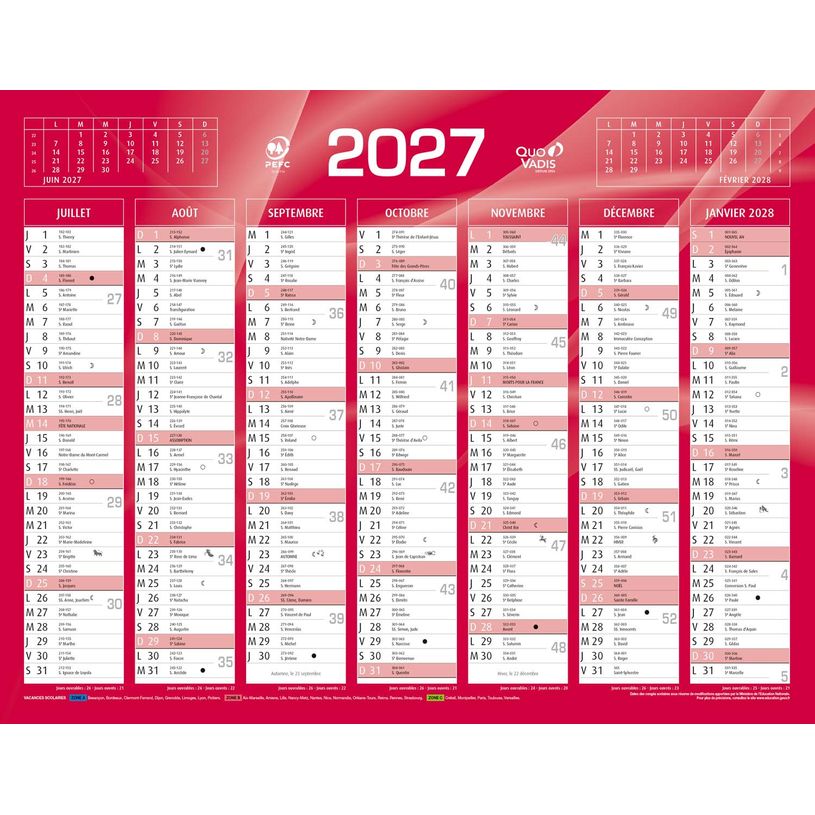 3371010307043-Quo Vadis - Calendrier mural - Français - Classic - Rouge - 14 mois de décembre à janvier - 27x21 cm - Papier Clairefontaine blanc - Fabri--1