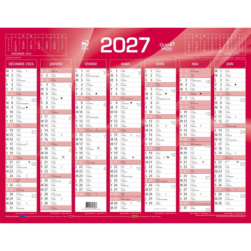 3371010307067-Quo Vadis - Calendrier mural - Français - Classic - Rouge - 14 mois de décembre à janvier - 43x33,5 cm - Papier Clairefontaine blanc - Fabri--0