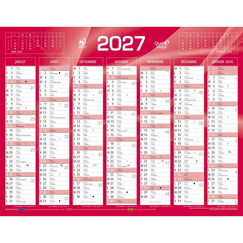 3371010307067-Quo Vadis - Calendrier mural - Français - Classic - Rouge - 14 mois de décembre à janvier - 43x33,5 cm - Papier Clairefontaine blanc - Fabri--1