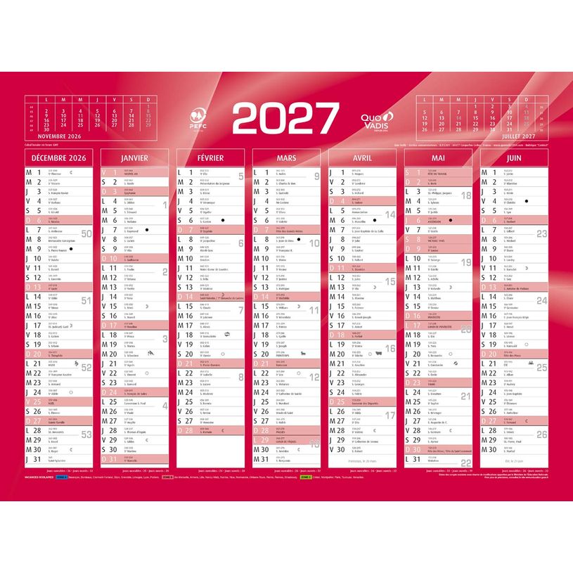 3371010307081-Quo Vadis - Calendrier mural - Français - Classic - Rouge - 14 mois de décembre à janvier - 55x40,5 cm - Papier Clairefontaine blanc - Fabri--0