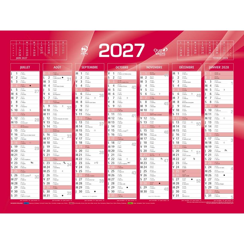 3371010307081-Quo Vadis - Calendrier mural - Français - Classic - Rouge - 14 mois de décembre à janvier - 55x40,5 cm - Papier Clairefontaine blanc - Fabri--1