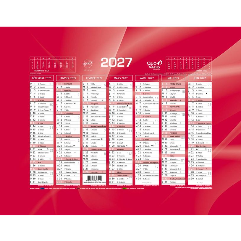 3371010307029-Quo Vadis - Calendrier mural - Français - Classic - Rouge - 14 mois de décembre à janvier - 18x13,5 cm - Papier Clairefontaine blanc - Fabri--0