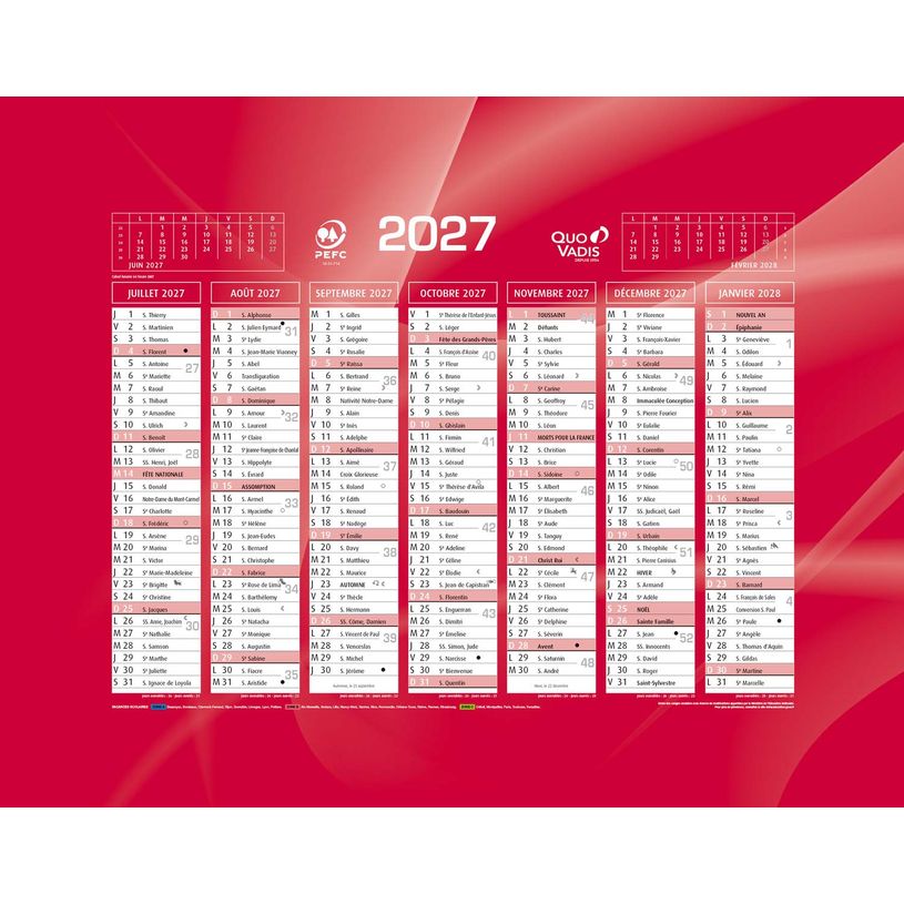 3371010307029-Quo Vadis - Calendrier mural - Français - Classic - Rouge - 14 mois de décembre à janvier - 18x13,5 cm - Papier Clairefontaine blanc - Fabri--1