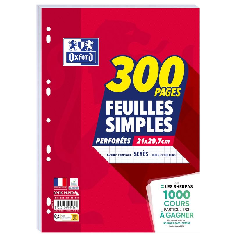 3020127878235-Oxford - feuilles simples A4 - 300 pages sous film - grands carreaux (Seyes) - perforées--0