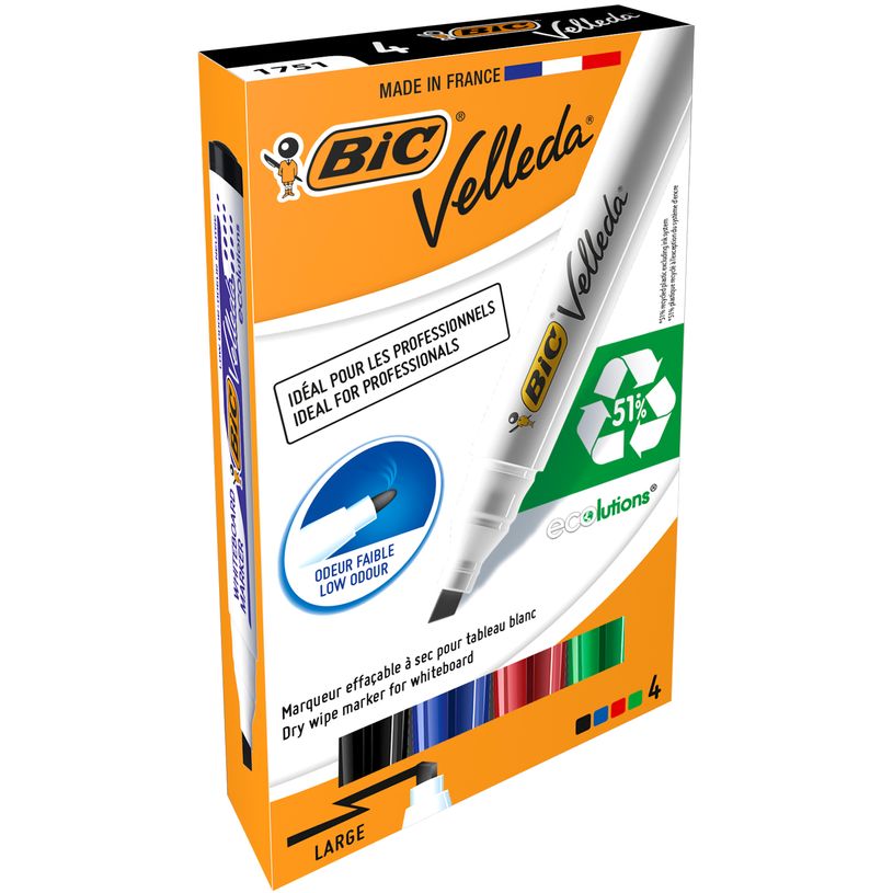 3086120017545-BIC VELLEDA 1751 - Pack de 4 marqueurs effaçables - pointe biseau - couleurs assorties-P_79351090_3-0