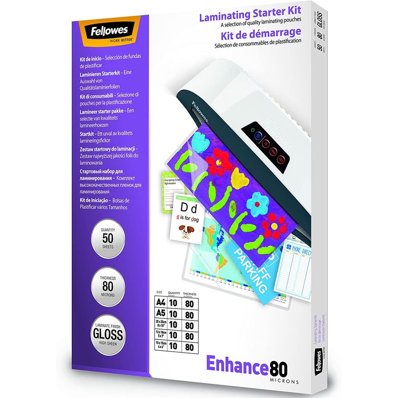 043859578535-Fellowes - Kit de démarrage assortiment de pochettes de plastification - 80 Microns-P_79351331_2-0