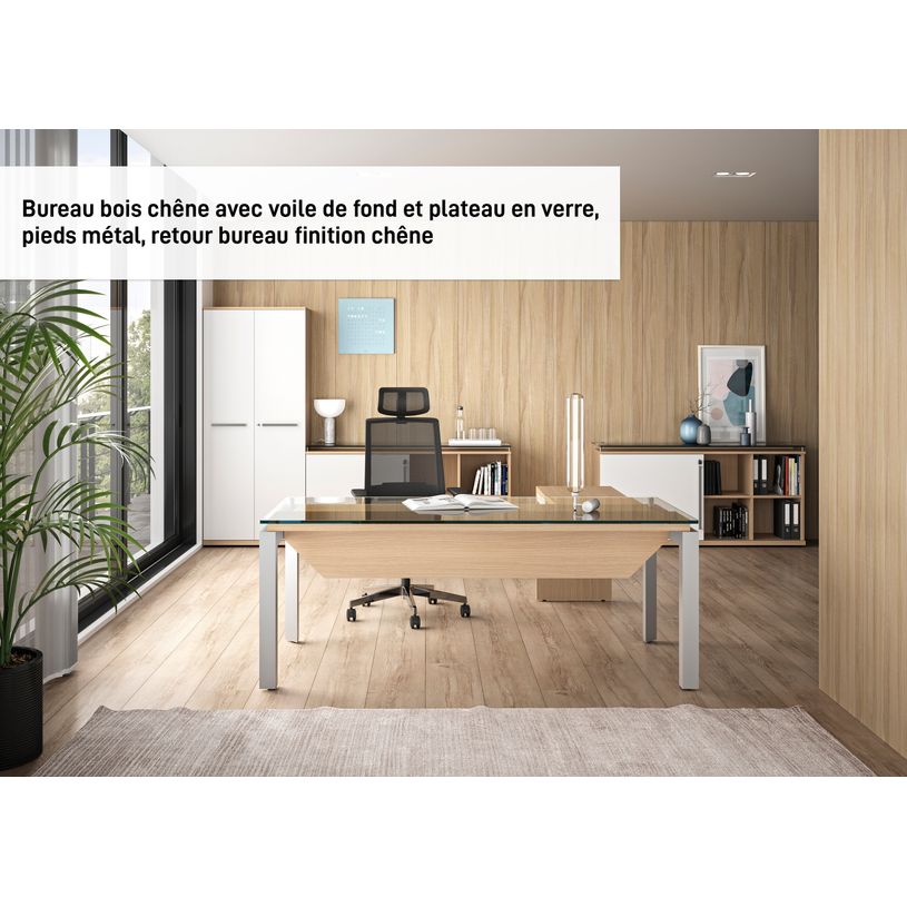3483600012258-Bureau verre SLIVER avec voile de fond - 190 cm - Pieds métal - Noyer et bronze-P_79356203_2-1