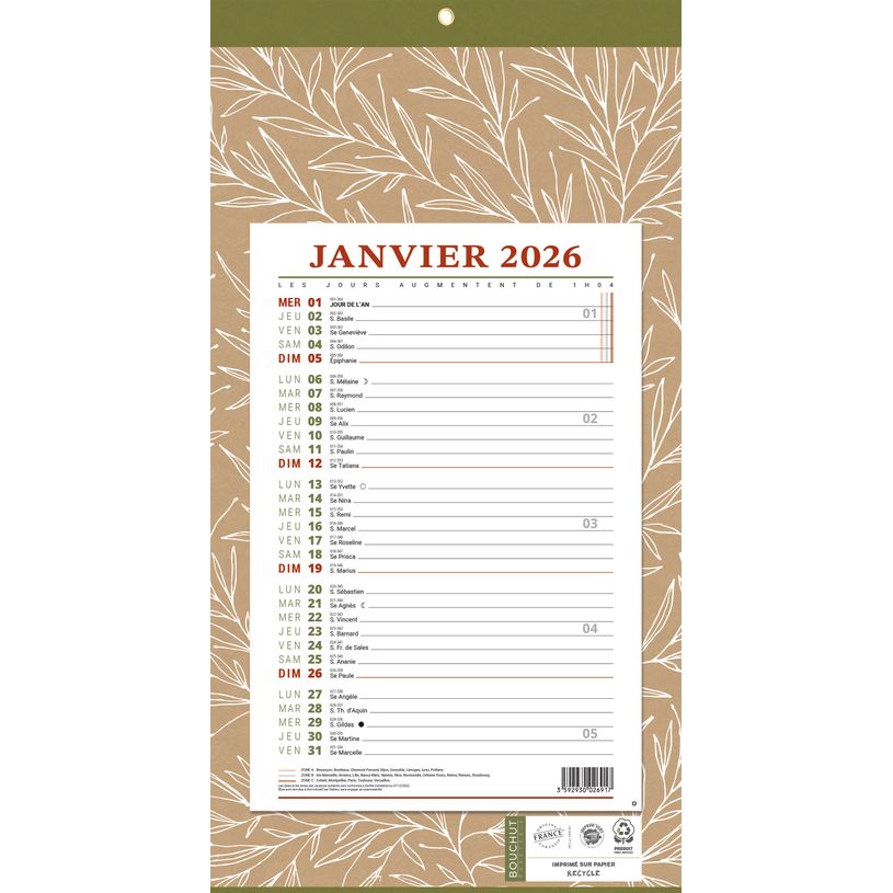 3592930026917-Calendrier bloc mensuel à feuillets année civile BOUCHUT "409 Natura" 19 x 36 cm coloris beige--0