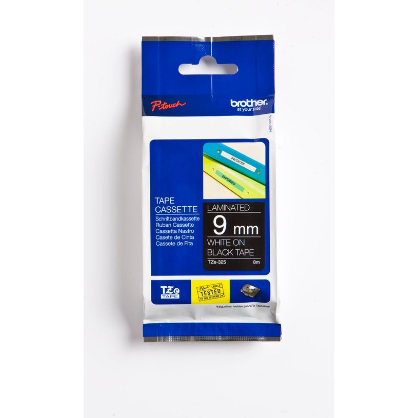 4977766052351-Brother TZe325 - Ruban d'étiquettes auto-adhésives - 1 rouleau (9 mm x 8 m) - fond noir 