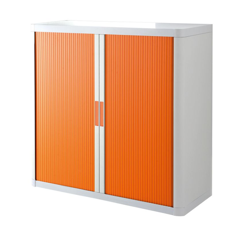 3660141929102-Armoire mi-haute à rideaux EASY OFFICE - 110 x 104 x 41,5 cm - Corps blanc - Rideaux et poignée orang--0