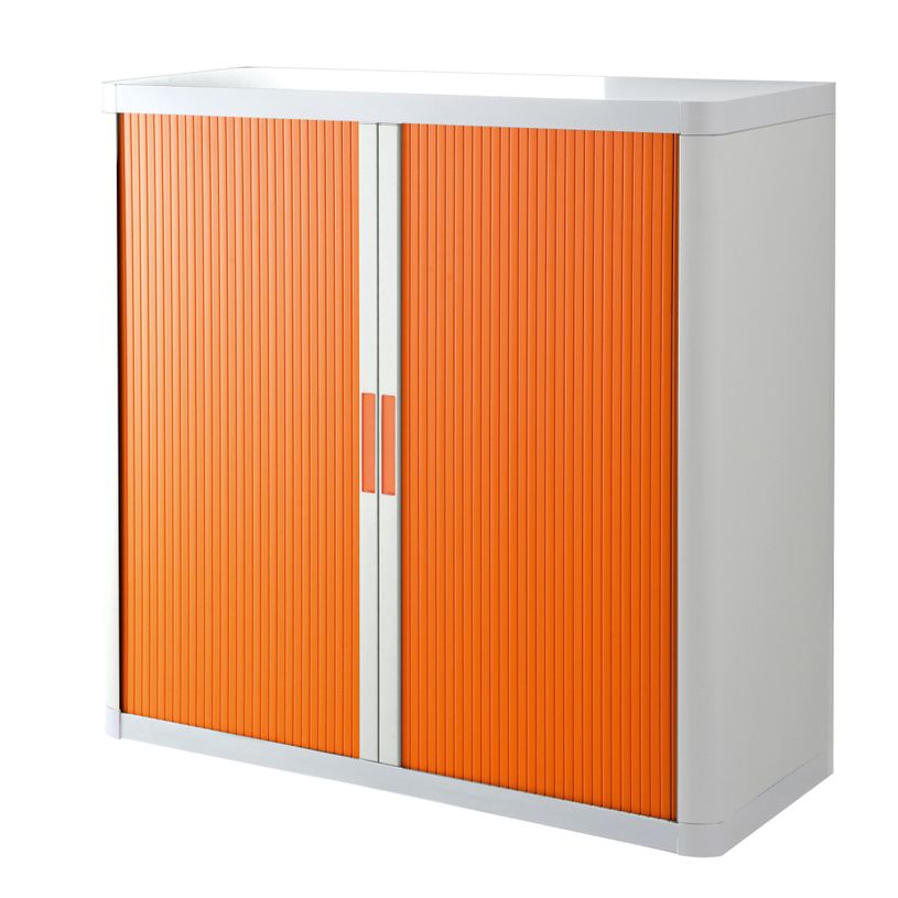 3660141929102-Armoire mi-haute à rideaux EASY OFFICE - 110 x 104 x 41,5 cm - Corps blanc - Rideaux et poignée orang--0