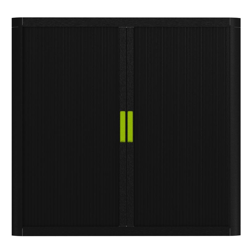 3660141929287-Armoire mi-haute à rideaux EASY OFFICE - 110 x 104 x 41,5 cm - Corps et rideaux noir - Poignée verte--1