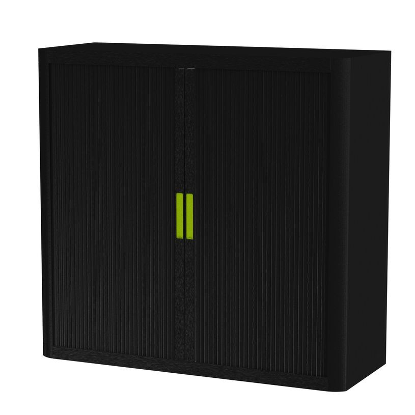 3660141929287-Armoire mi-haute à rideaux EASY OFFICE - 110 x 104 x 41,5 cm - Corps et rideaux noir - Poignée verte--0