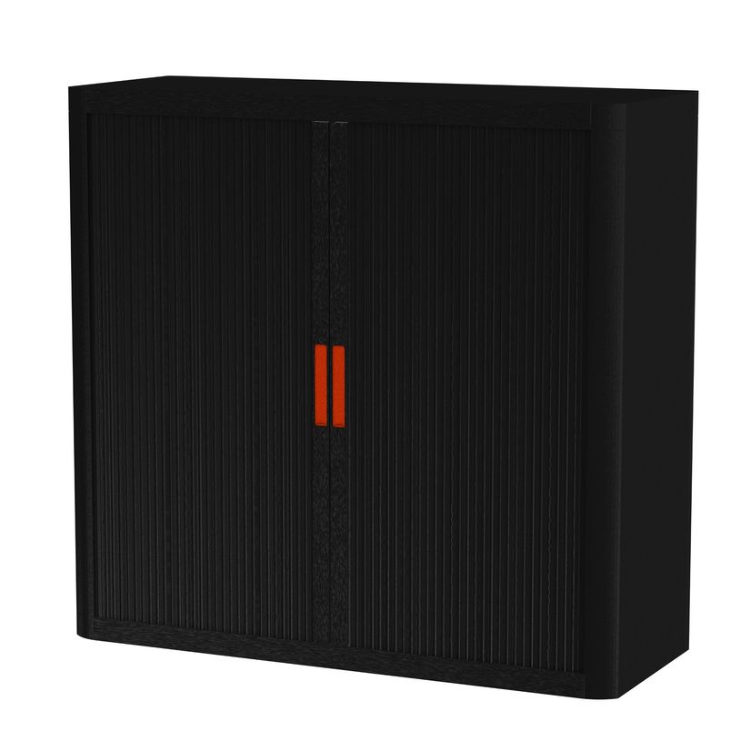 3660141930047-Armoire mi-haute à rideaux EASY OFFICE - 110 x 104 x 41,5 cm - Corps et rideaux noir - Poignée rouge--1