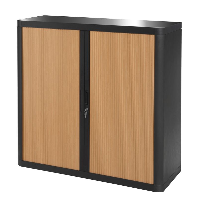 3660141930085-Armoire mi-haute à rideaux EASY OFFICE - 110 x 104 x 41,5 cm - Corps et poignée noir - Rideaux imitat--0