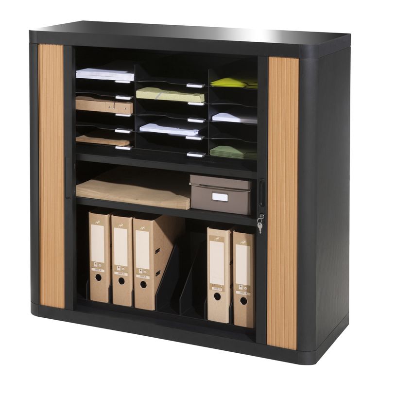 3660141930085-Armoire mi-haute à rideaux EASY OFFICE - 110 x 104 x 41,5 cm - Corps et poignée noir - Rideaux imitat--1